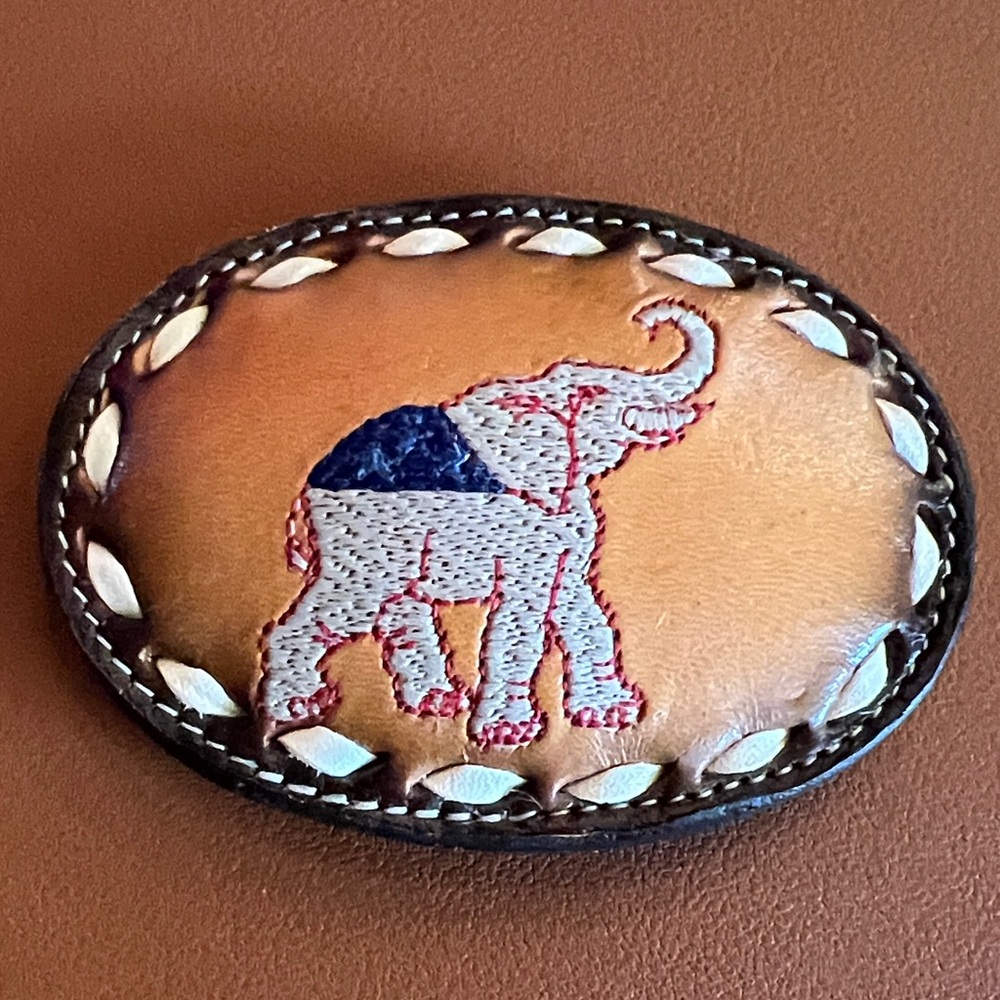Vintage Tony Lama leather Embroidered Elephant Belt Buckle